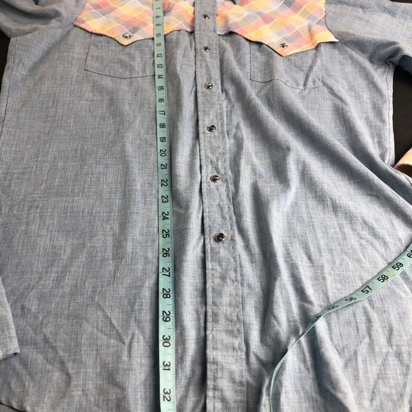 Vintage 70s 80s Lee Western Made in USA Chambray Pearl Snap VTG Shirt Size Large - Picture 7 of 10